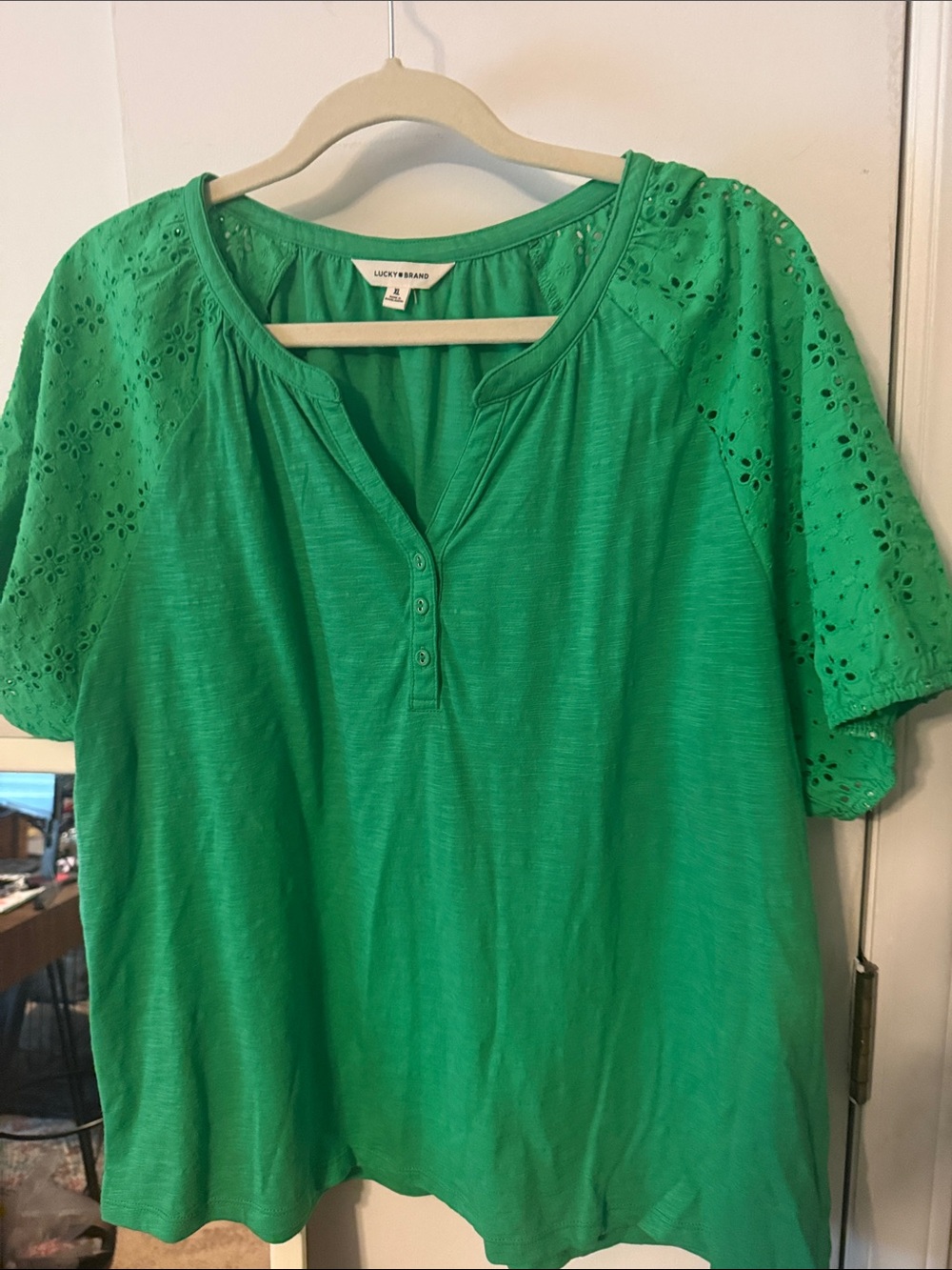 Lucky Brand Green Eyelet Sleeve Henley Top